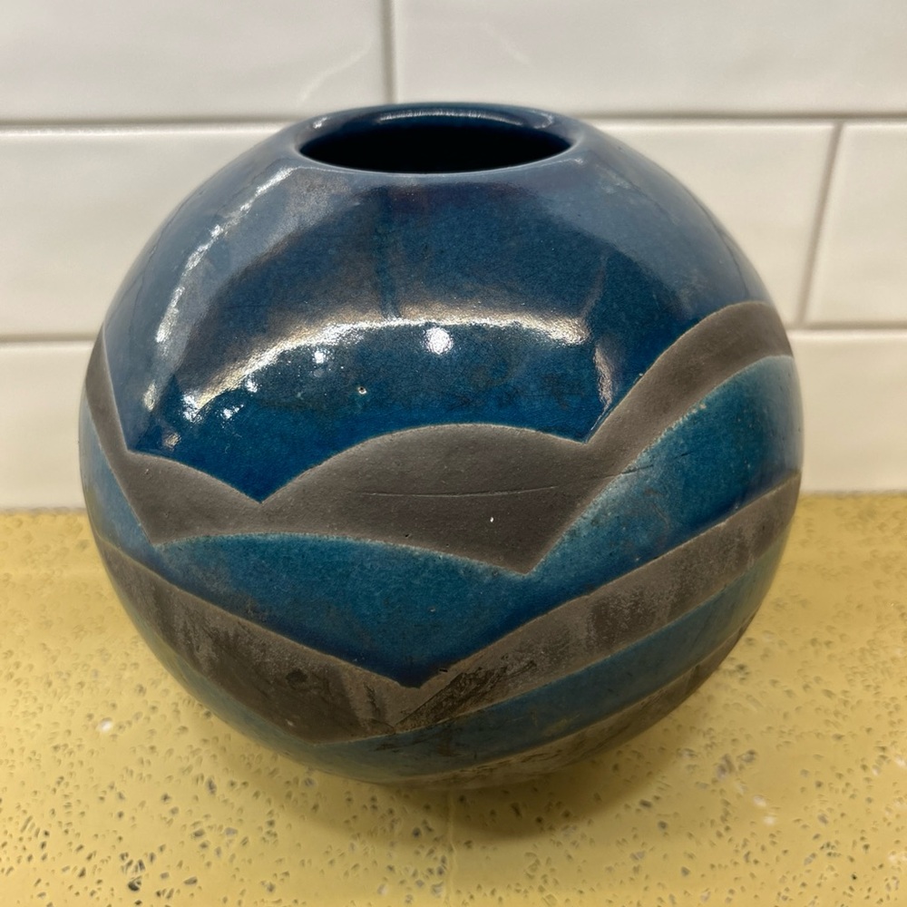 Raku Studio Art Pottery Navy Blue Black Turquoise Bulb Round Vase Signed Davis